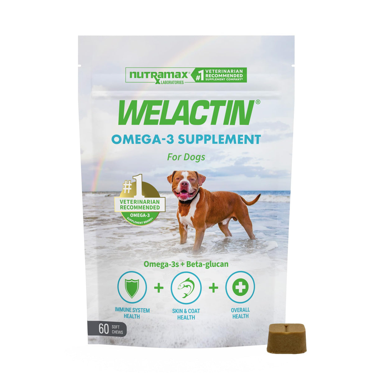 Nutramax Welactin frente del empaque mostrando 60 masticables, fácil identificación