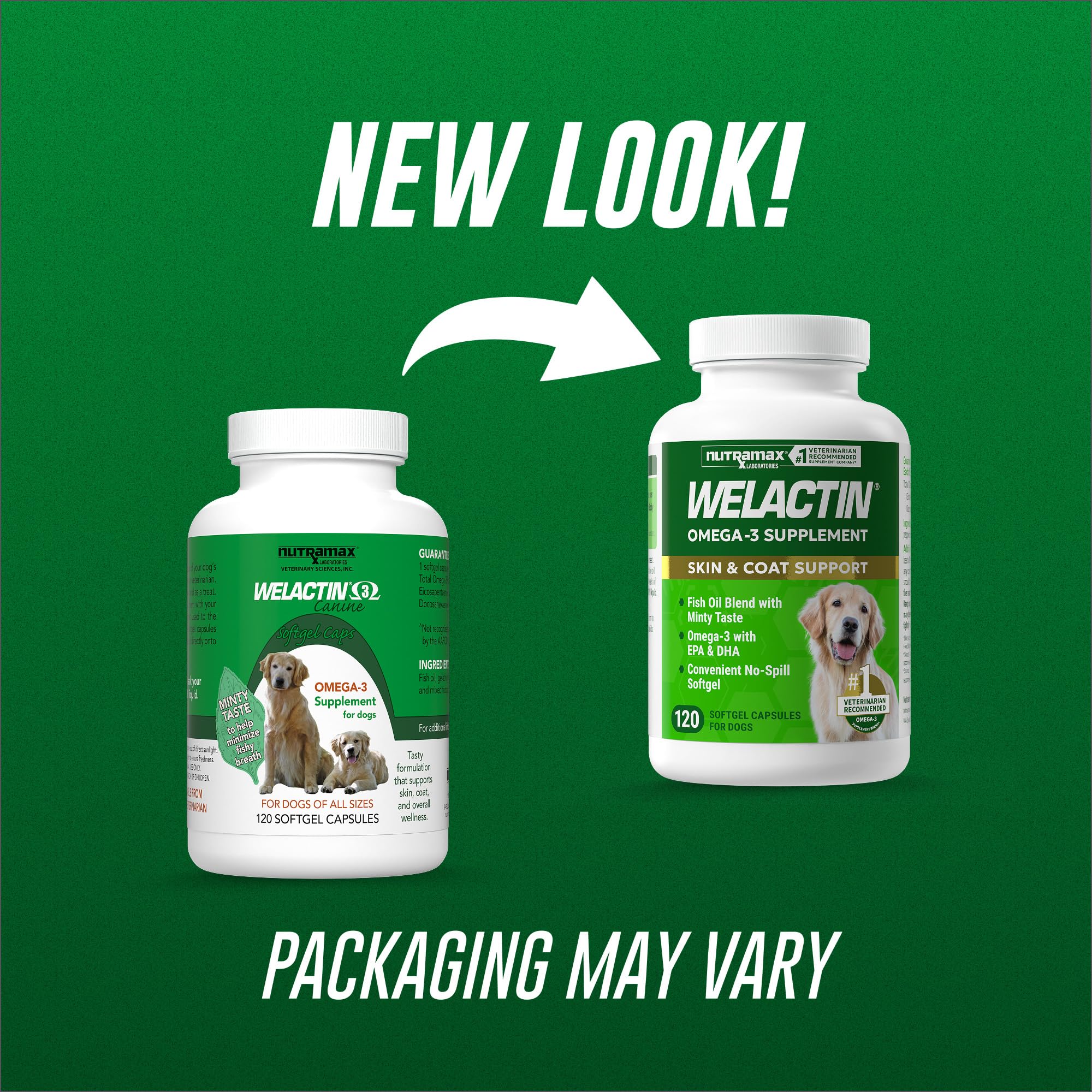Nutramax Welactin punctured softgel oil drizzled on dog food showing easy administration