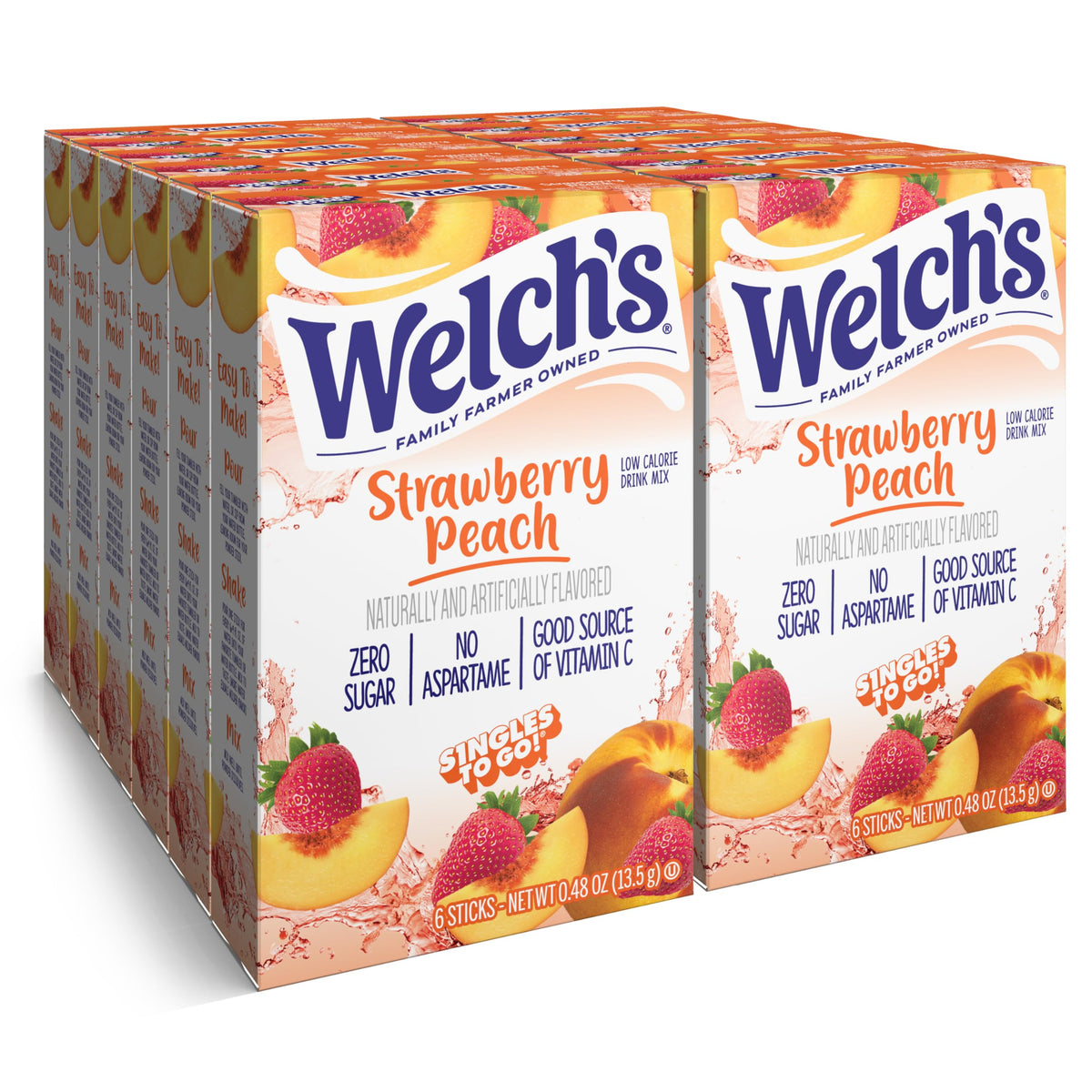 SINGLES TO GO! Welch's frente del empaque mostrando 12 cajas y 72 sobres, comodidad portátil