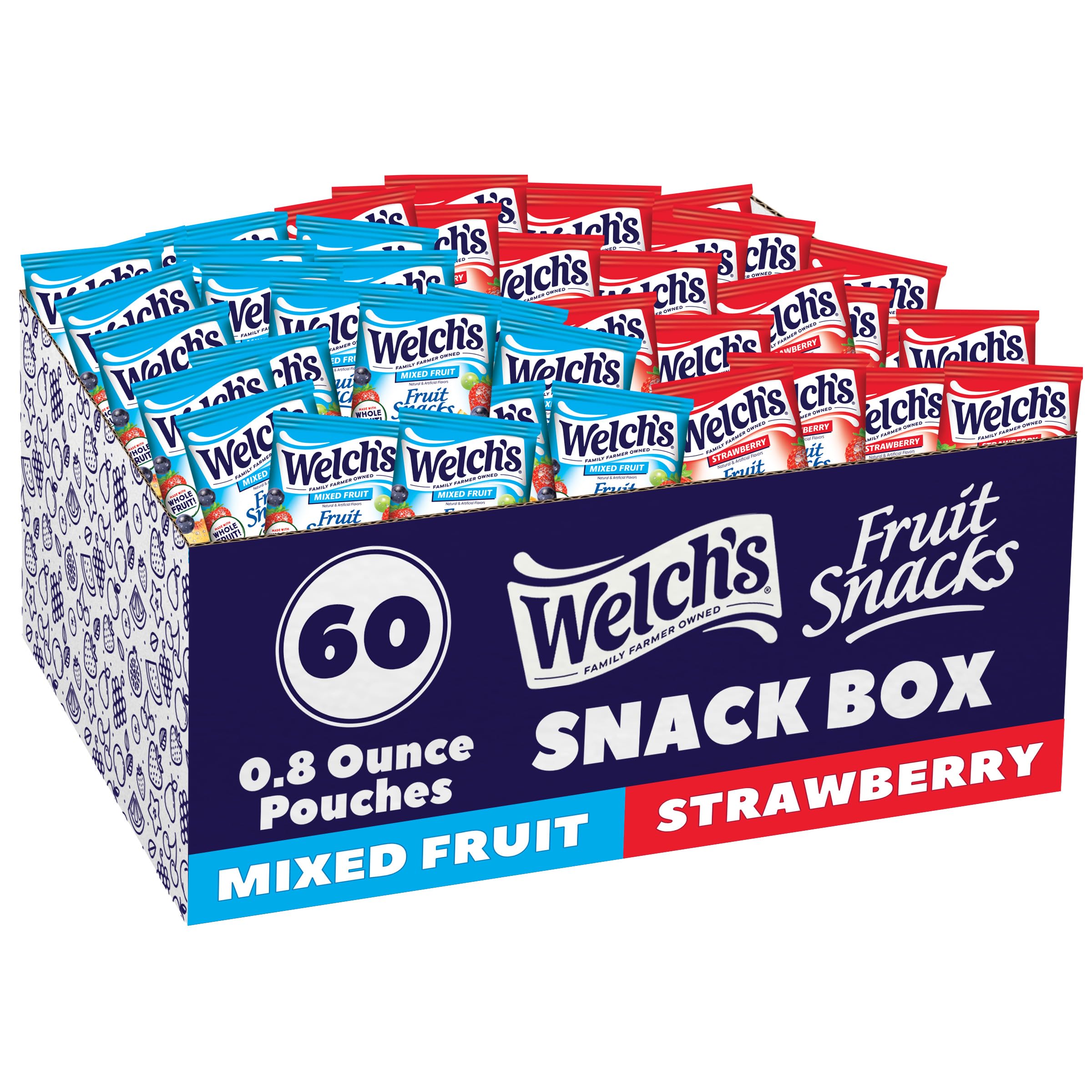 Welch's frente del empaque mostrando 60 paquetes y conveniencia