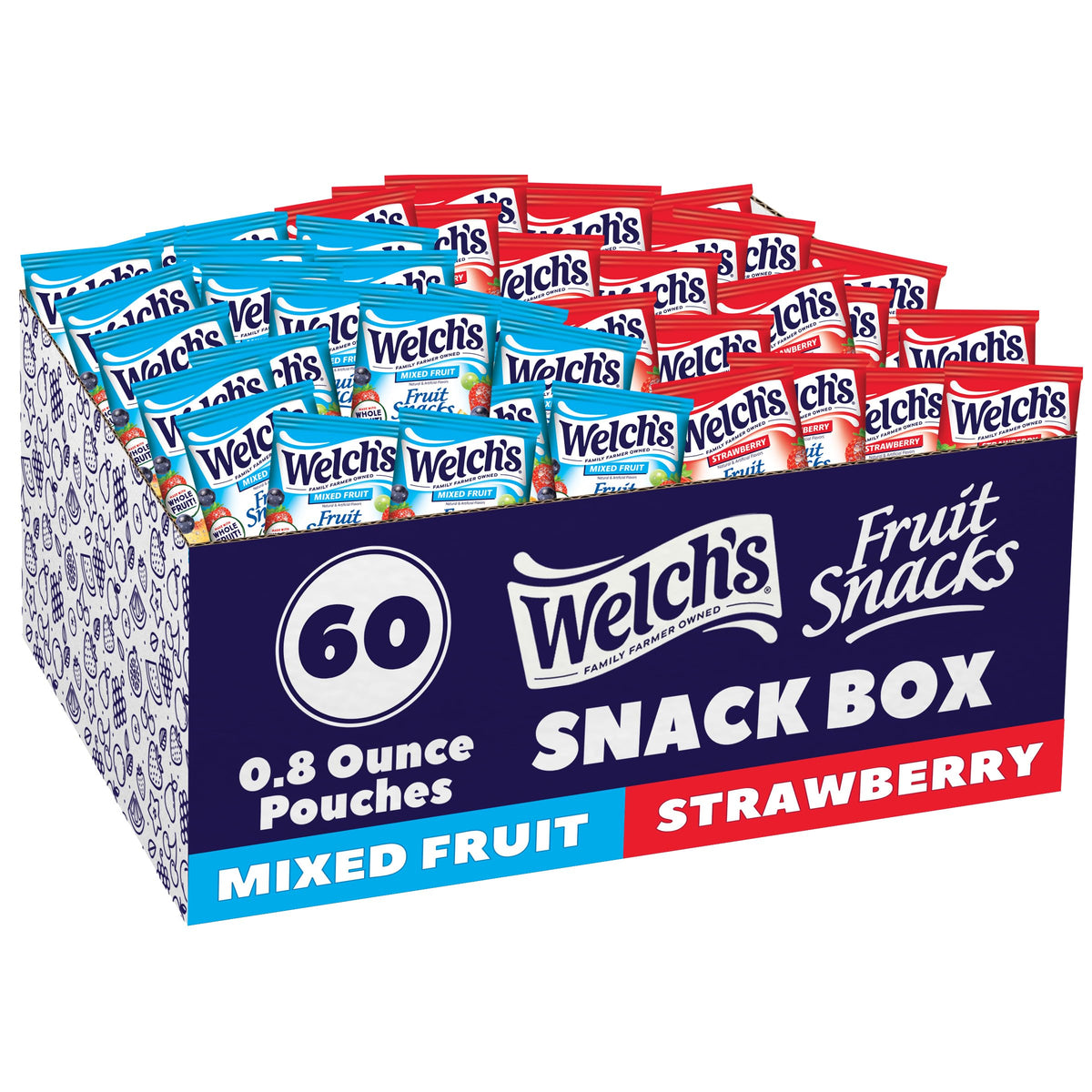 Welch's frente del empaque mostrando 60 paquetes y conveniencia