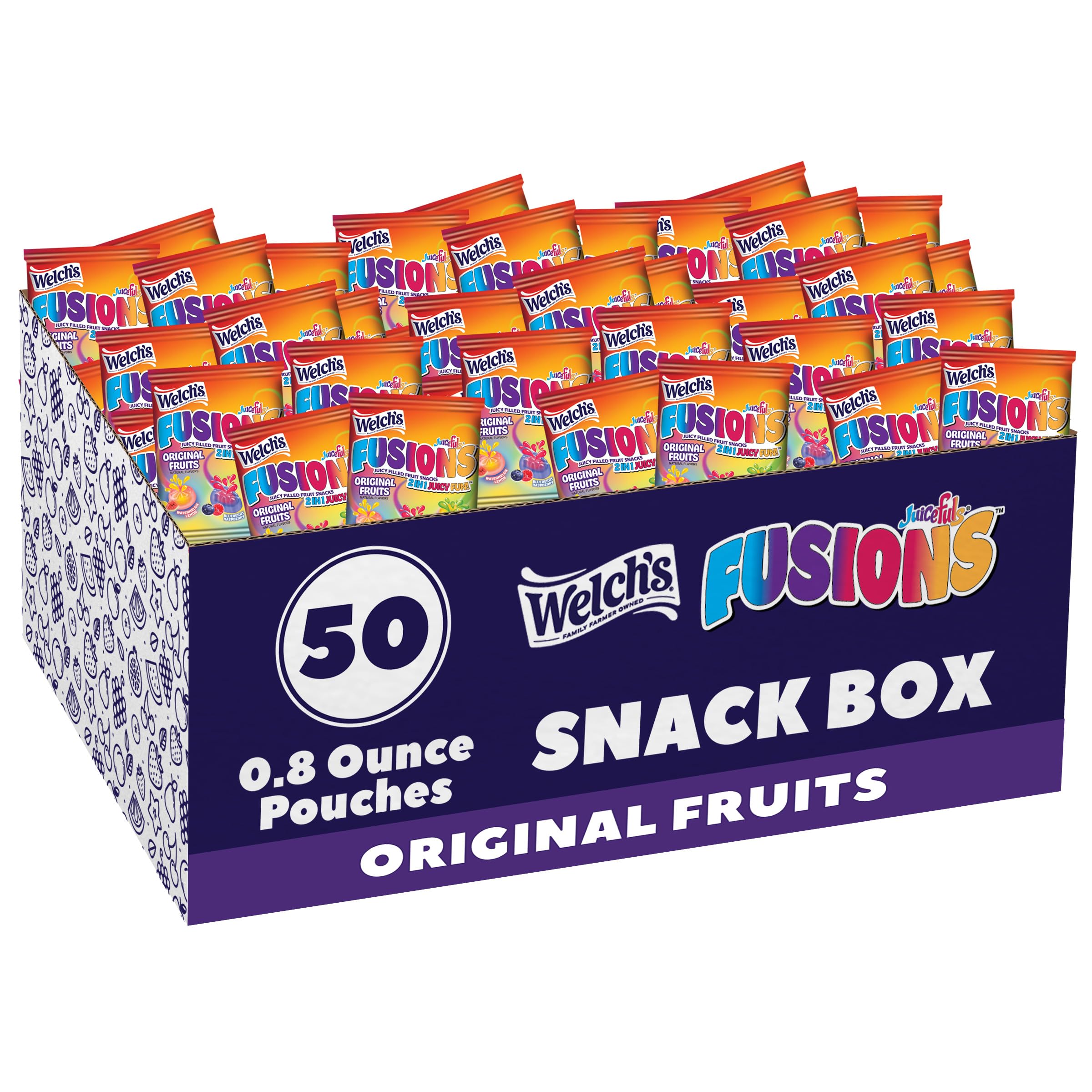 Welch's frente del empaque caja 50 ct mostrando variedad y conveniencia
