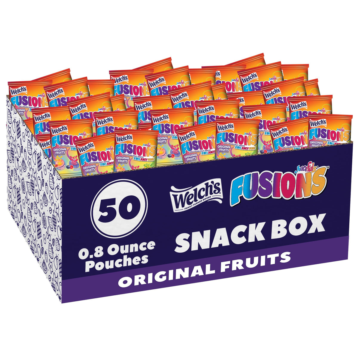 Welch's frente del empaque caja 50 ct mostrando variedad y conveniencia