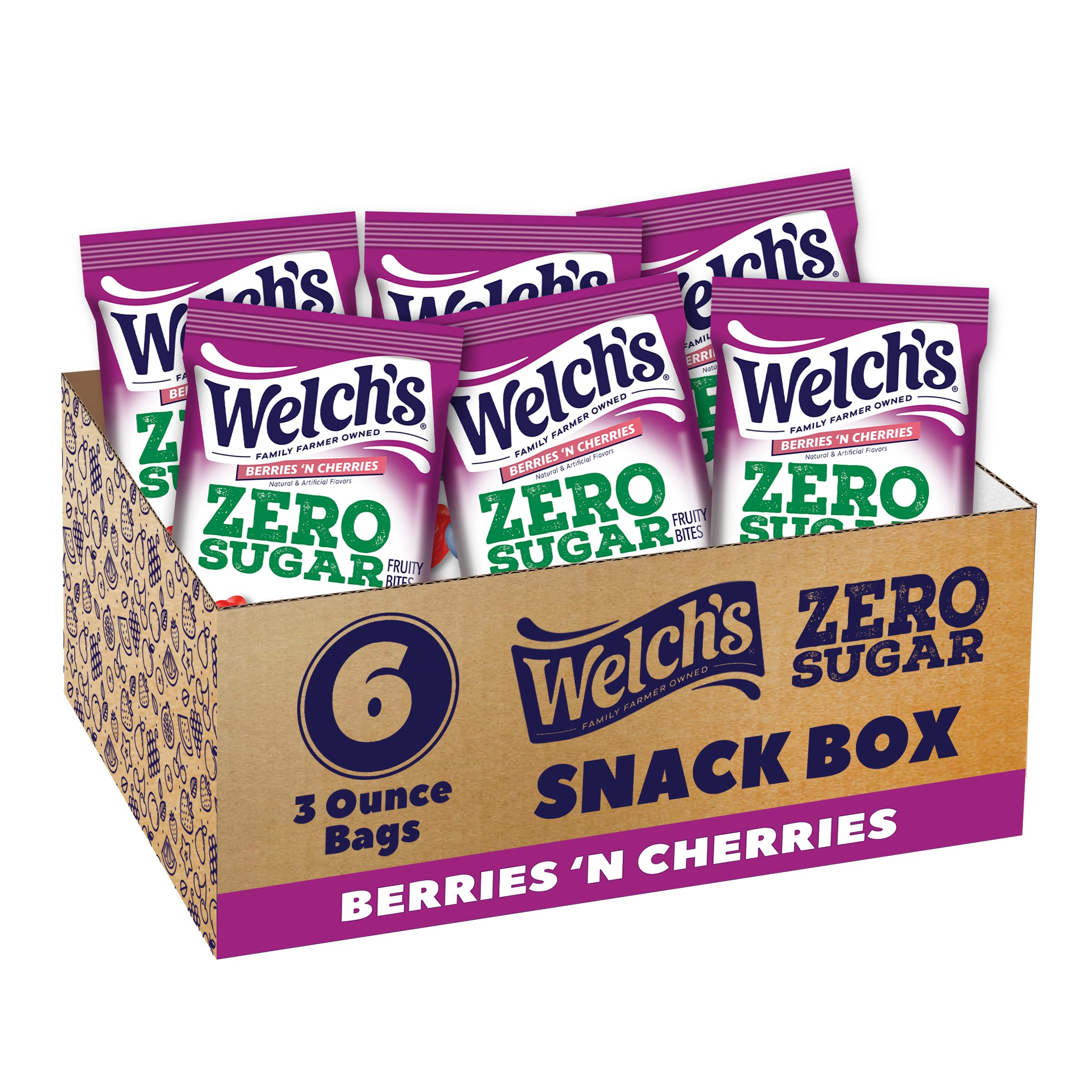 Welch's empaque frontal mostrando sabor Berries 'N Cherries y portabilidad