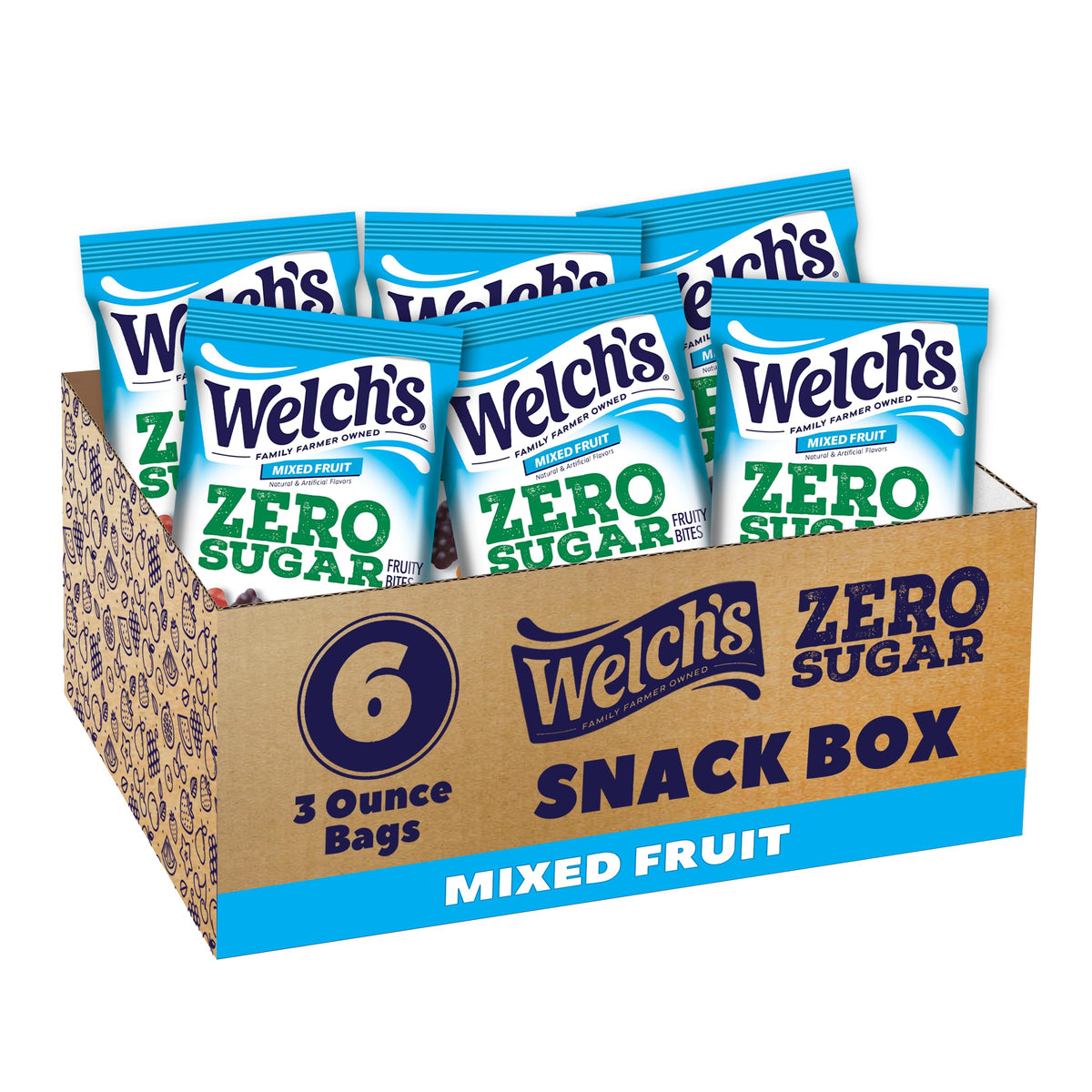 Welch's caja frontal del producto muestra 6 paquetes, fácil de llevar