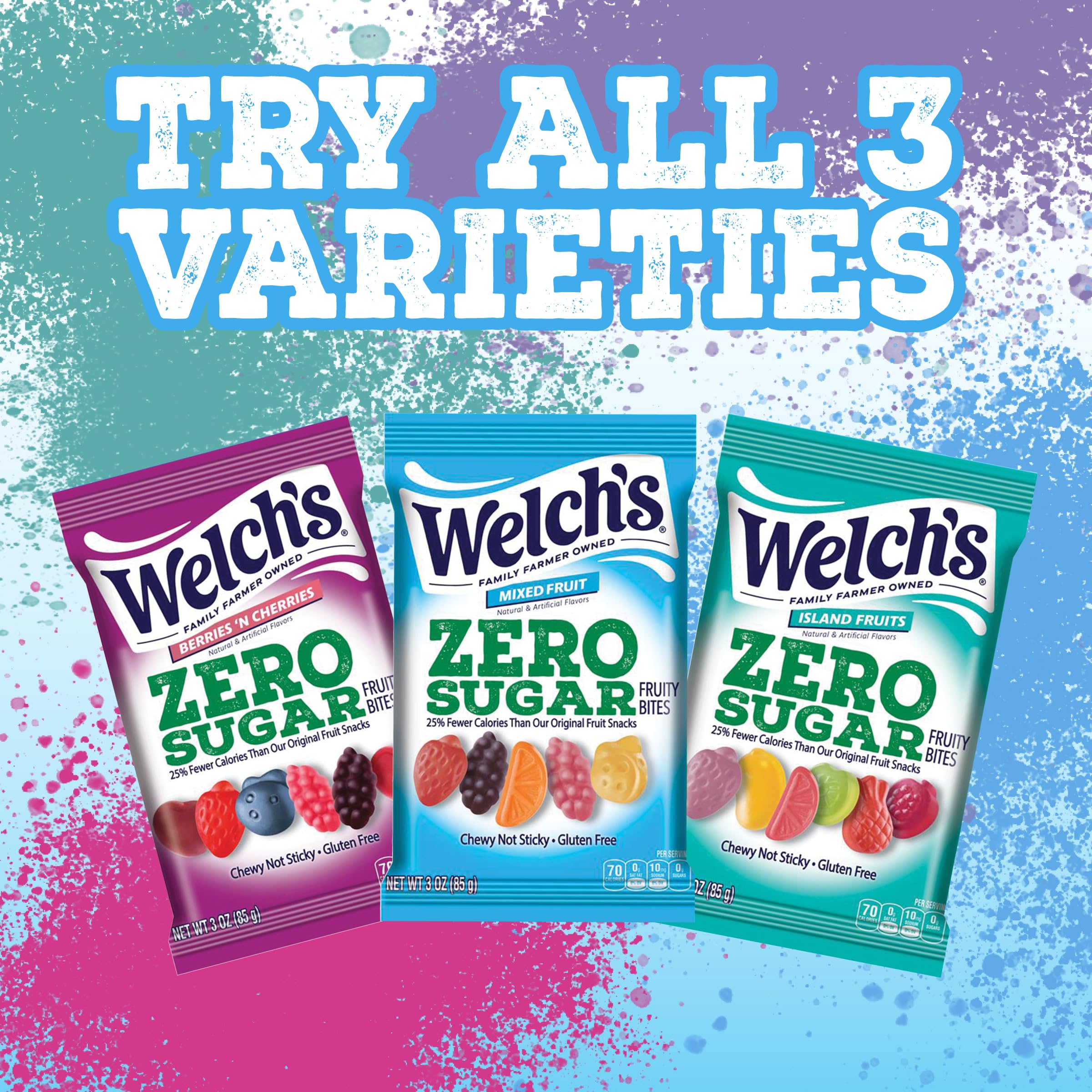 Welch's etiqueta nutricional destacando zero sugar y calorías reducidas