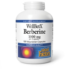 Natural Factors frasco frontal de WellBetX Berberine mostrando envase y cantidad