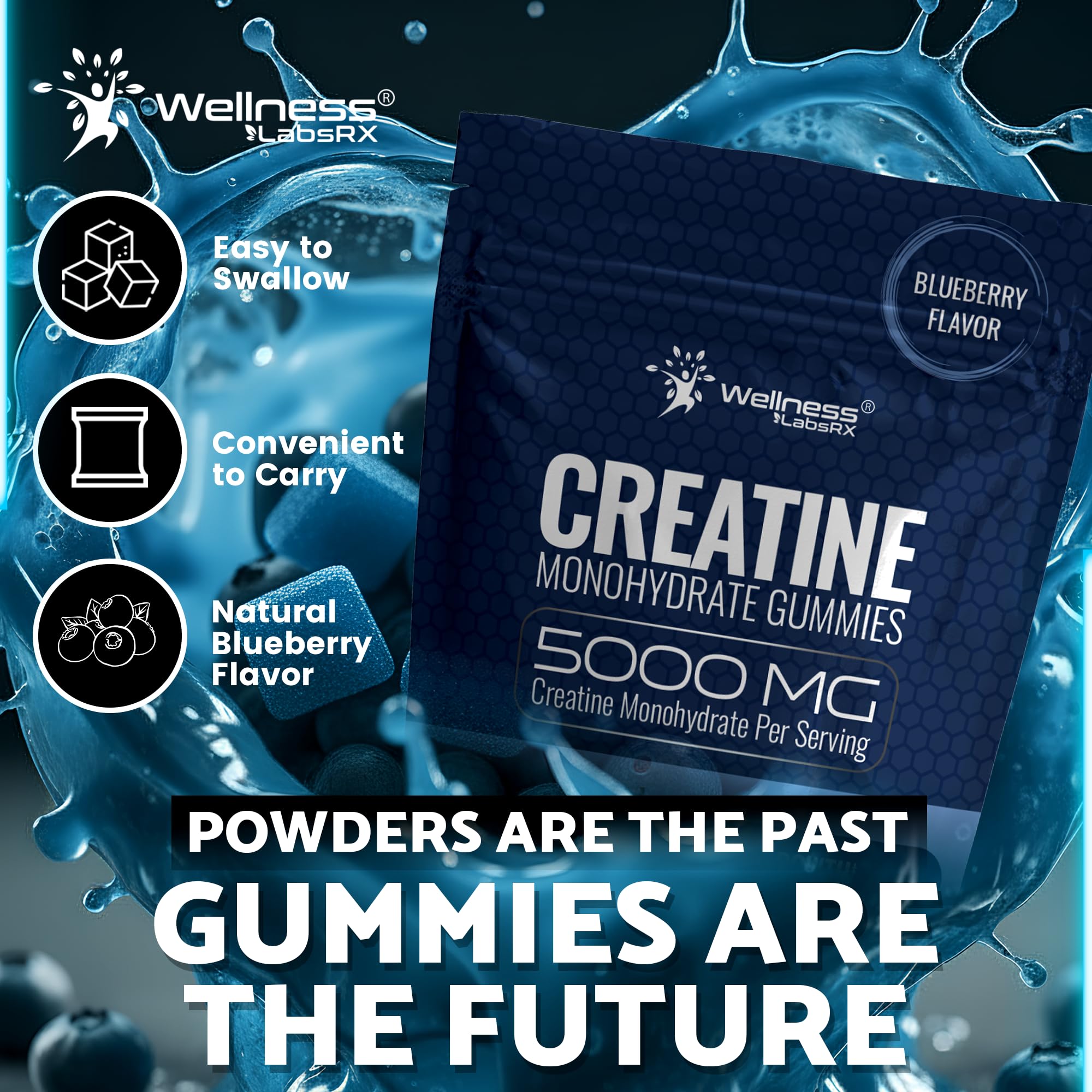WELLNESS LABSRX etiqueta nutricional legible con creatina 5 g por porción