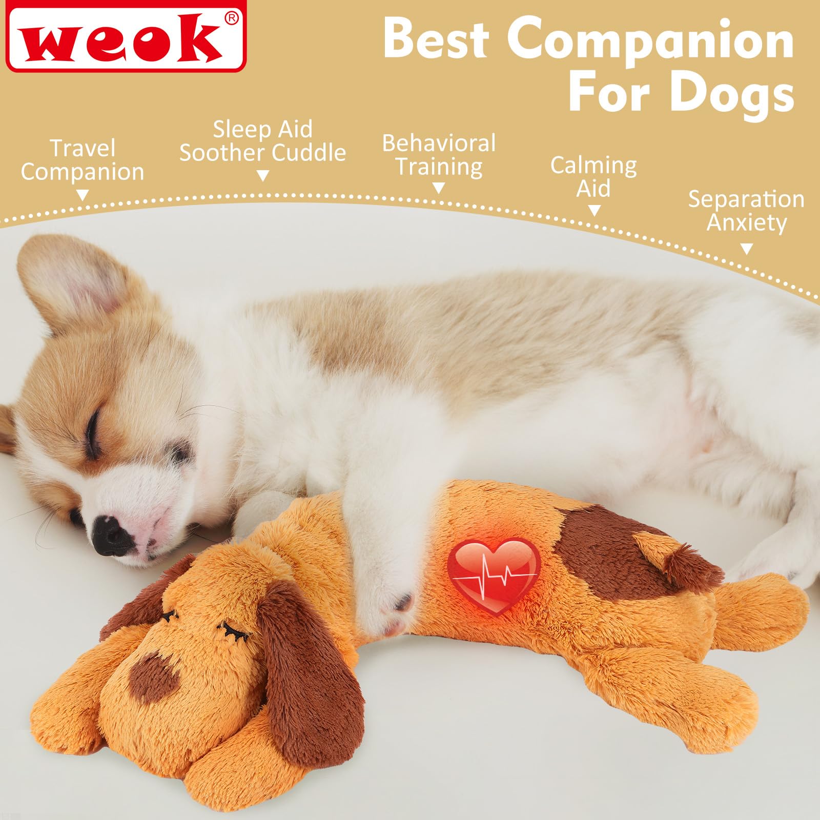 WEOK perro abrazando peluche mostrando reducción de ansiedad