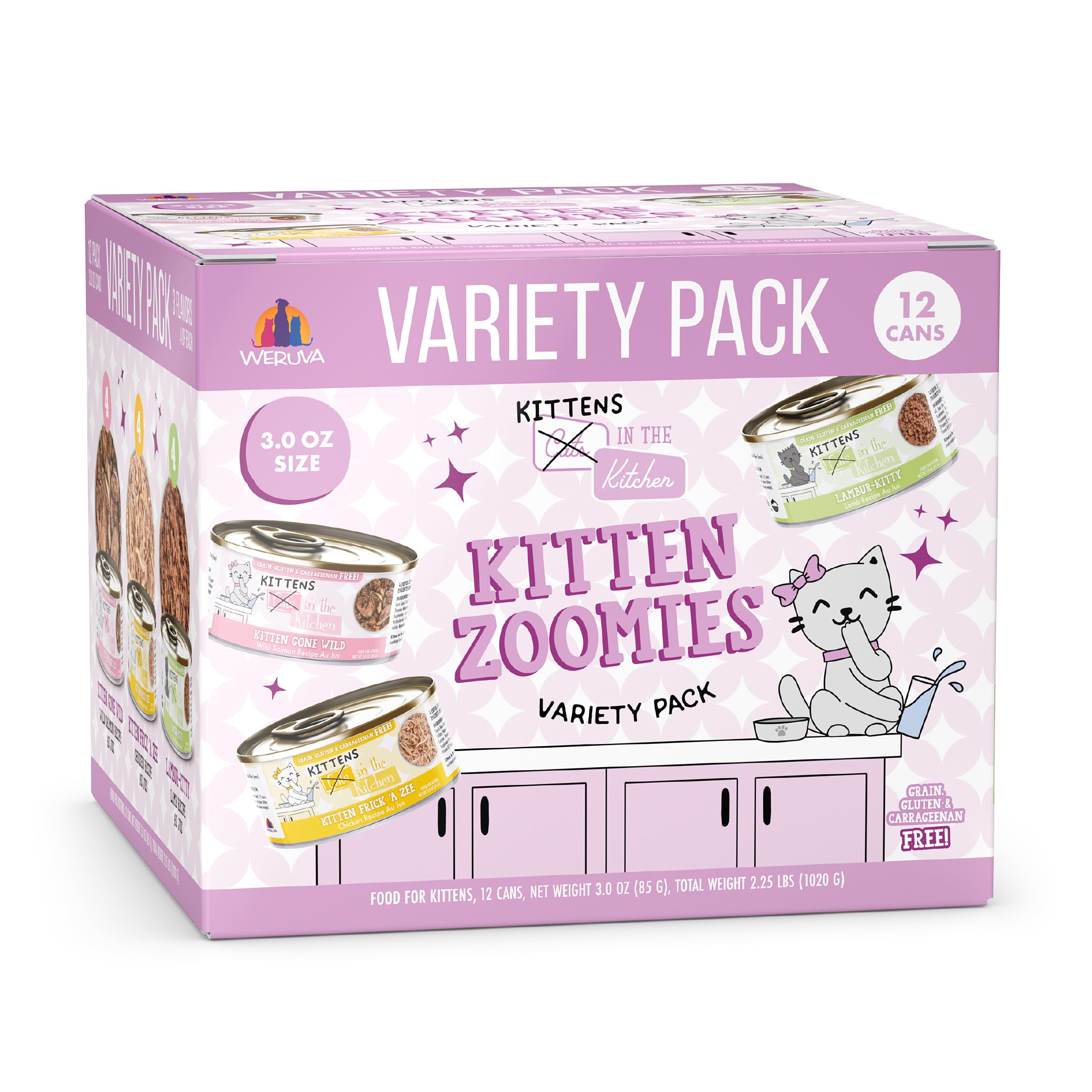Weruva lata frontal Cats in the Kitchen mostrando marca y beneficio nutricional
