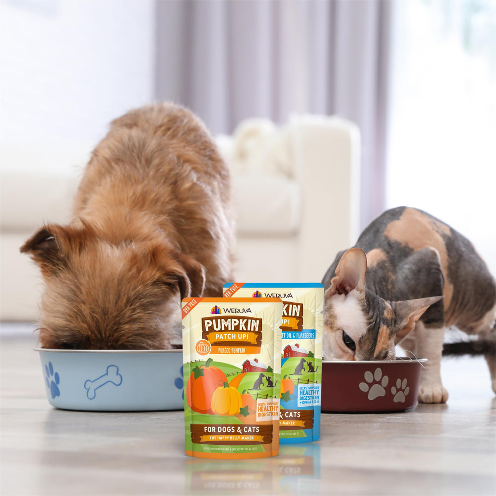 Familia con mascota usando Weruva, refuerzo digestivo cotidiano