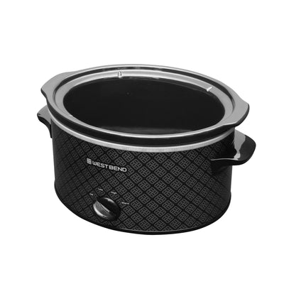 West Bend slow cooker next to hand for scale showing compact size and countertop fit