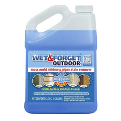 Wet & Forget botella frontal mostrando 128oz y etiqueta clara, limpieza eficiente