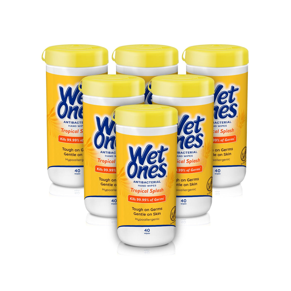 Wet Ones canister frontal Tropical Splash mostrando diseño y cierre que conserva humedad
