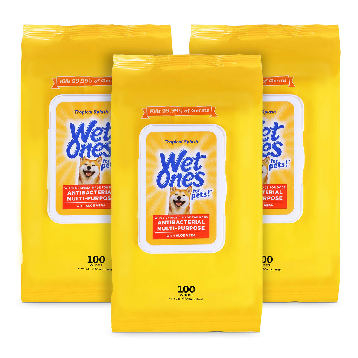 Wet Ones front packaging showing 100-count pouch and Tropical Splash scent benefit