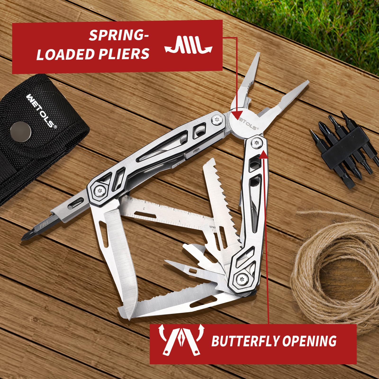WETOLS multitool en mano mostrando tamaño compacto y manejo
