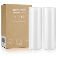 Wevac frente del paquete mostrando rollos y compatibilidad con selladoras, mantiene alimentos frescos