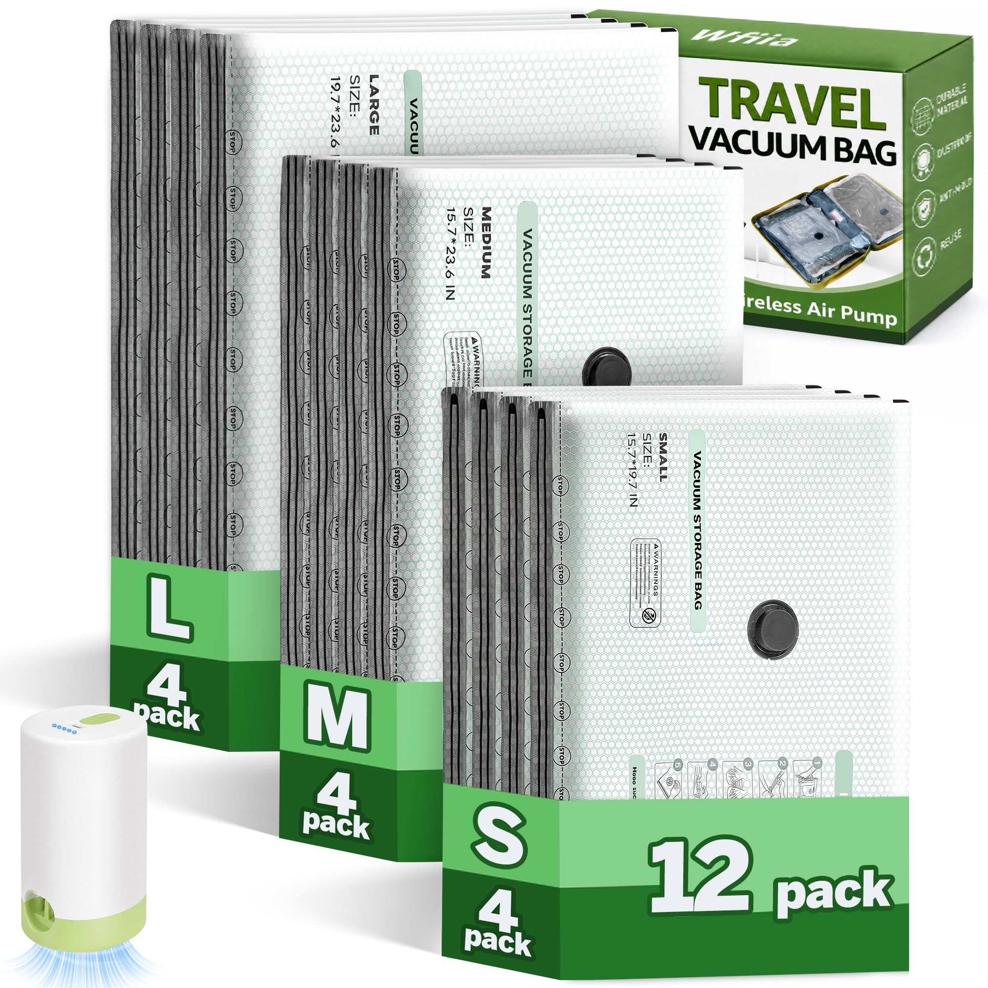 Wfiia front packaging showing 12-piece vacuum bag kit and pump for easy storage