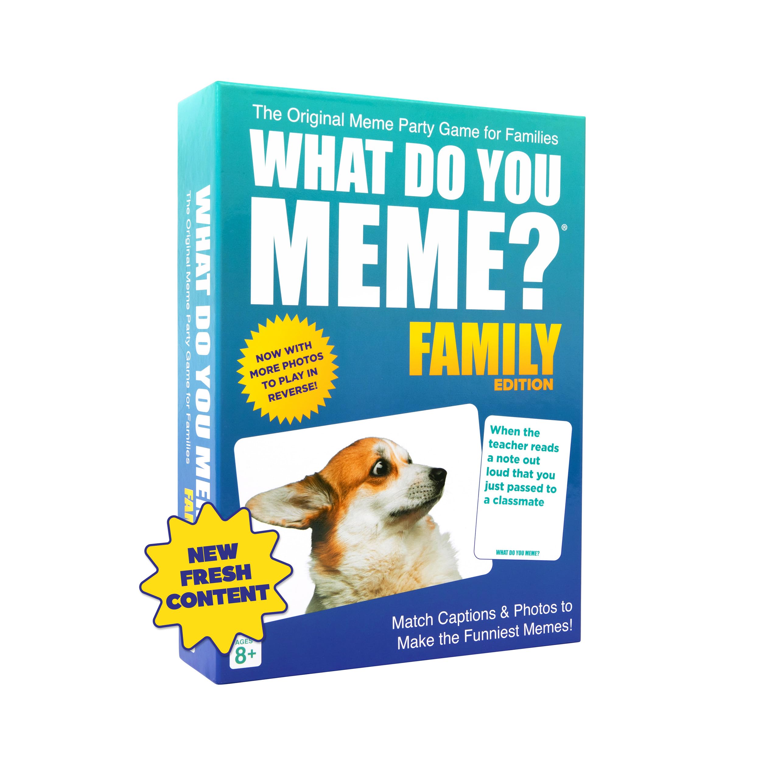 WHAT DO YOU MEME? caja frontal con diseño y contenido visible, atrae a familias para jugar