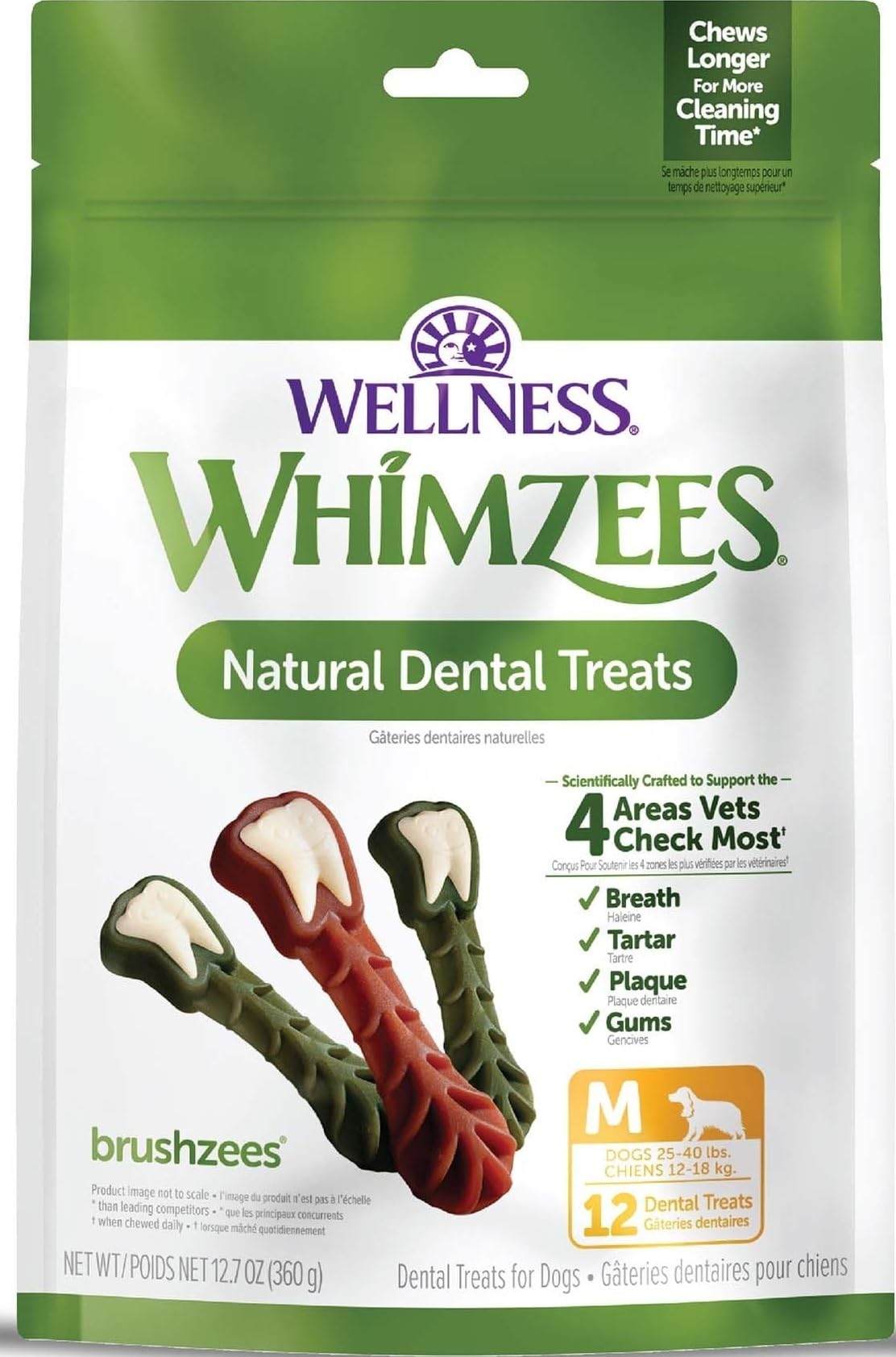 Whimzees empaque frontal mostrando la bolsa y beneficio higiene