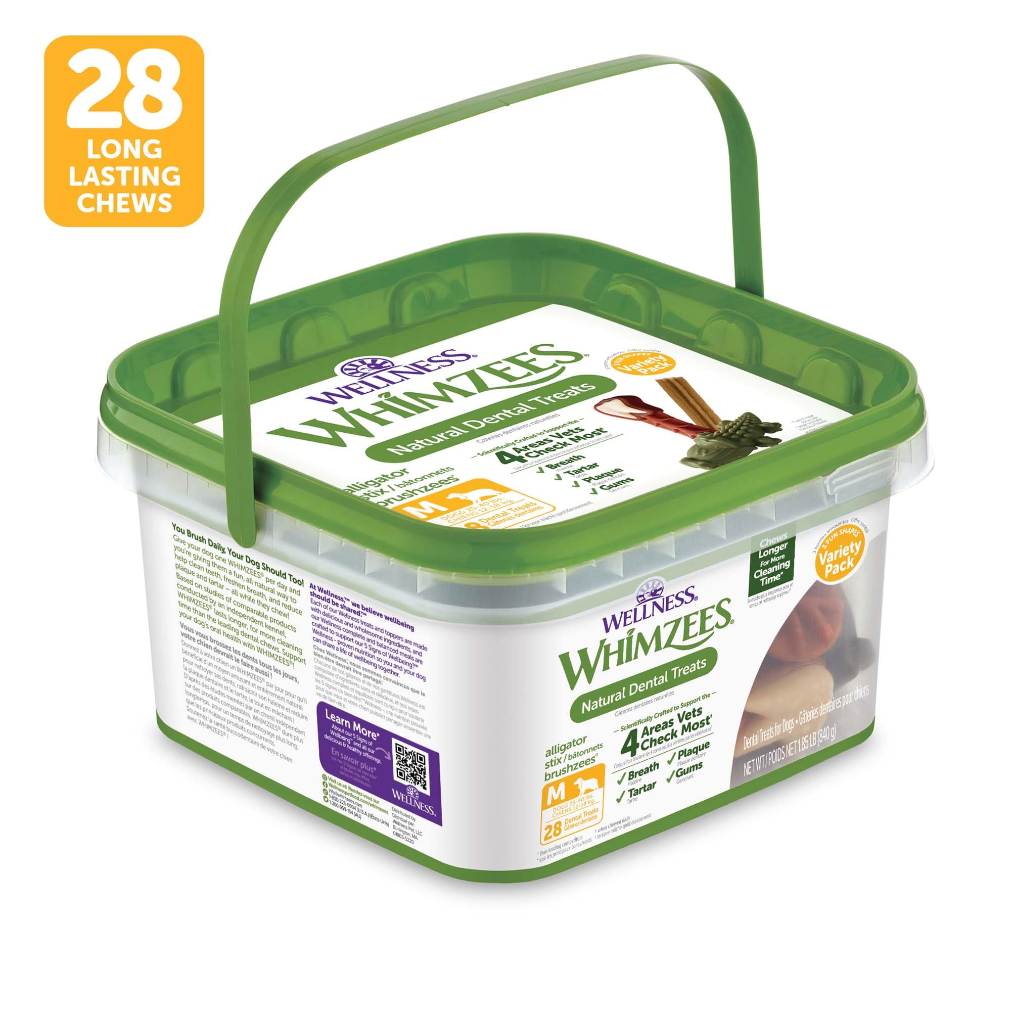 Etiqueta Whimzees con tabla nutricional y beneficios para la salud oral