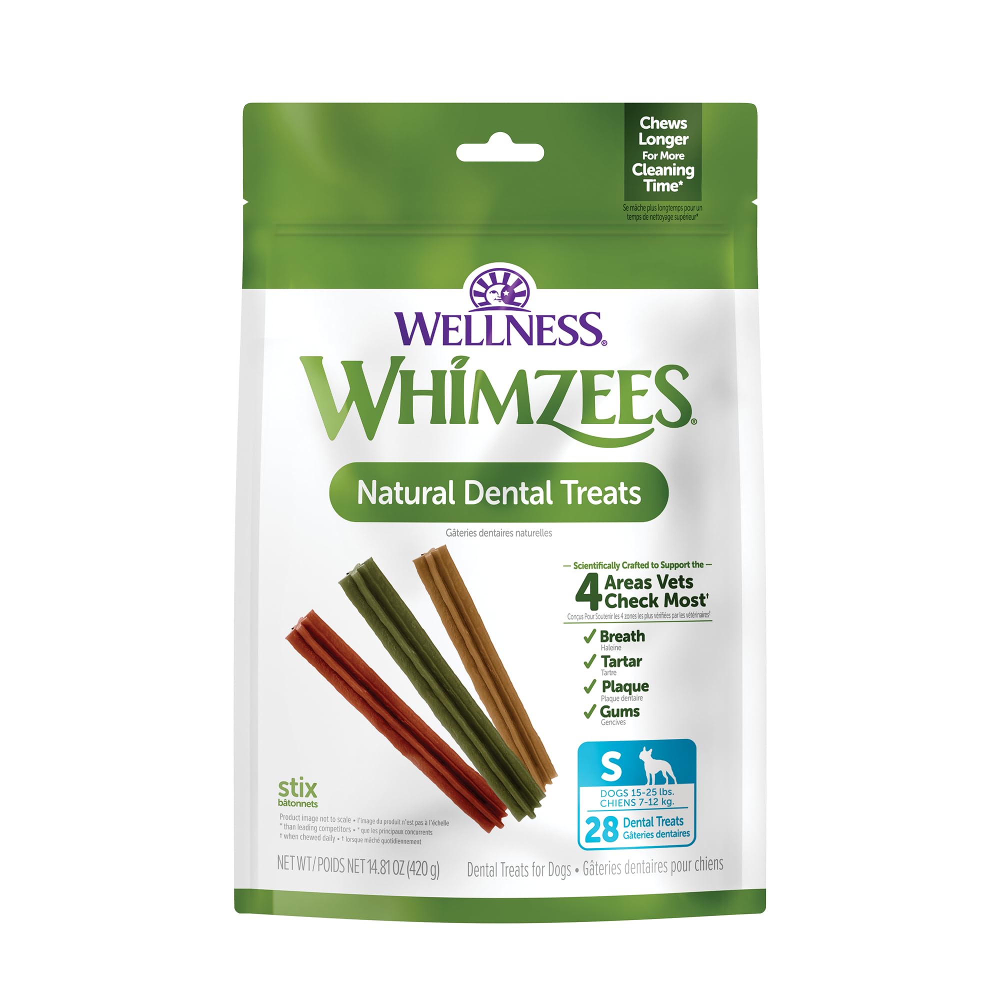 Whimzees paquete frontal mostrando marca y conteo que facilita elección