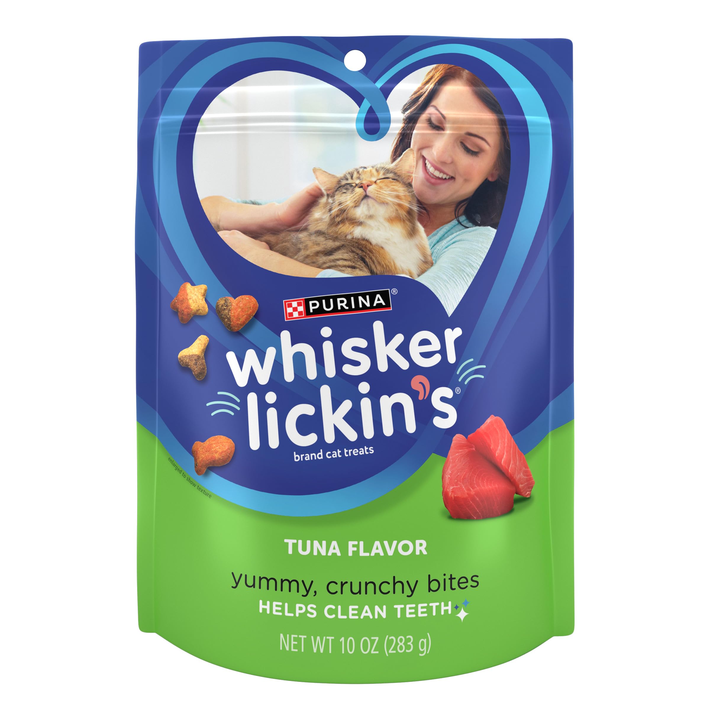 Whisker Lickin's Purina frente del empaque mostrando sello y beneficio crocante
