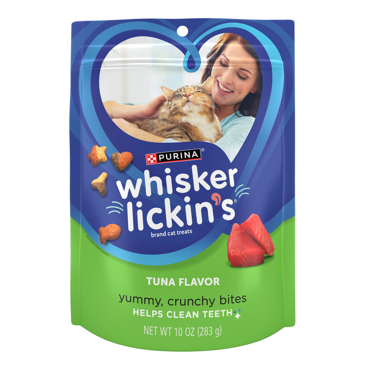Whisker Lickin's Purina frente del empaque mostrando sello y beneficio crocante
