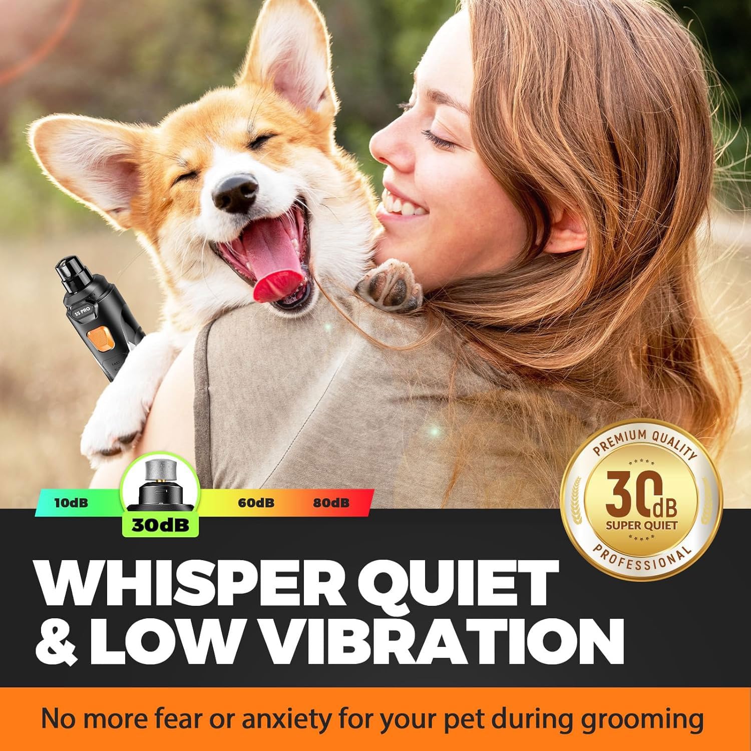 Whisper Quiet Dog Nail Grinder detalle de punta de diamante, limado preciso y suave