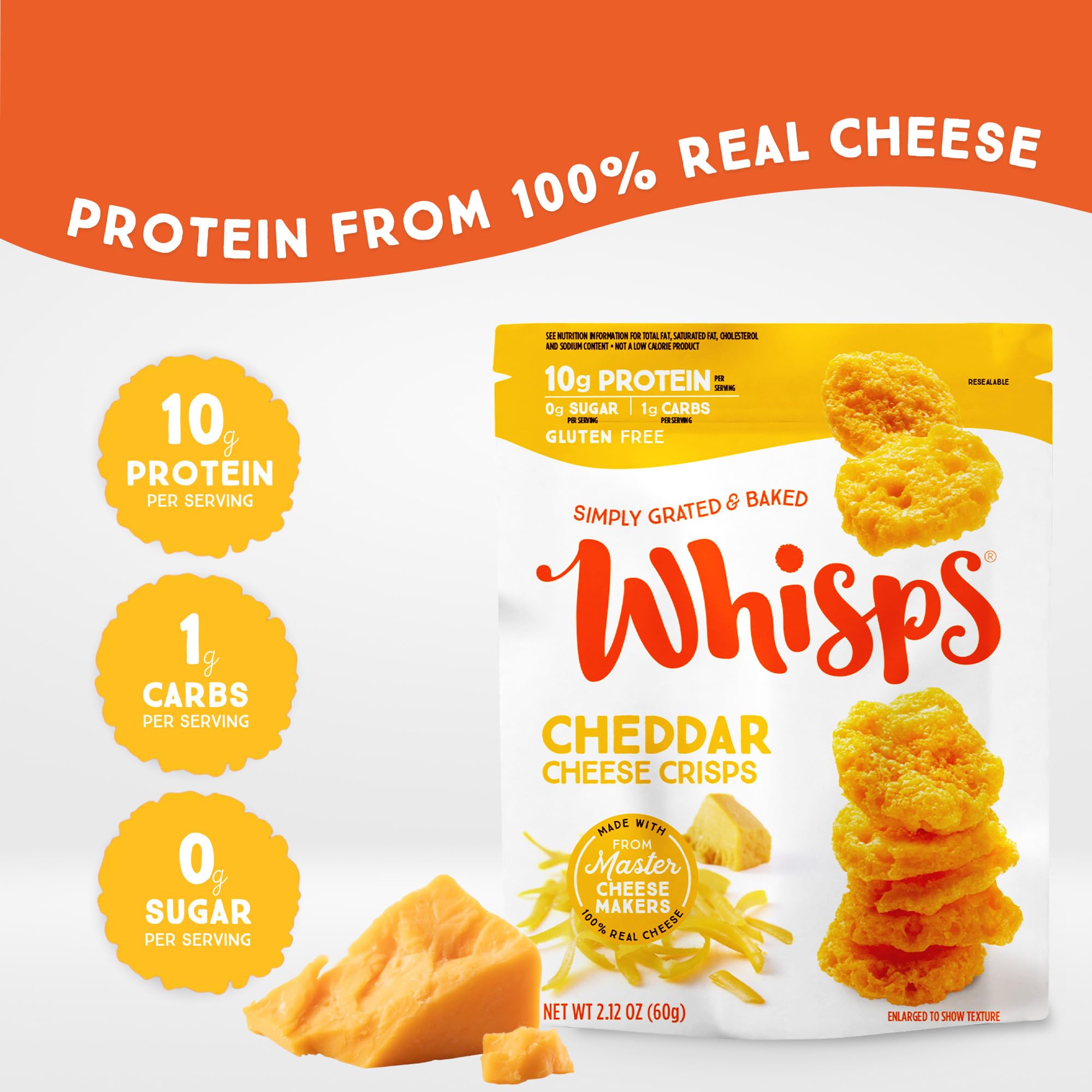 Whisps primer plano de textura crujiente del chip de queso, sabor intenso por horneado