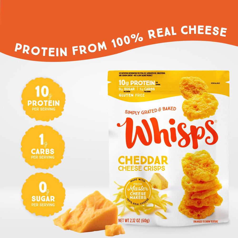 Whisps primer plano de textura crujiente del chip de queso, sabor intenso por horneado