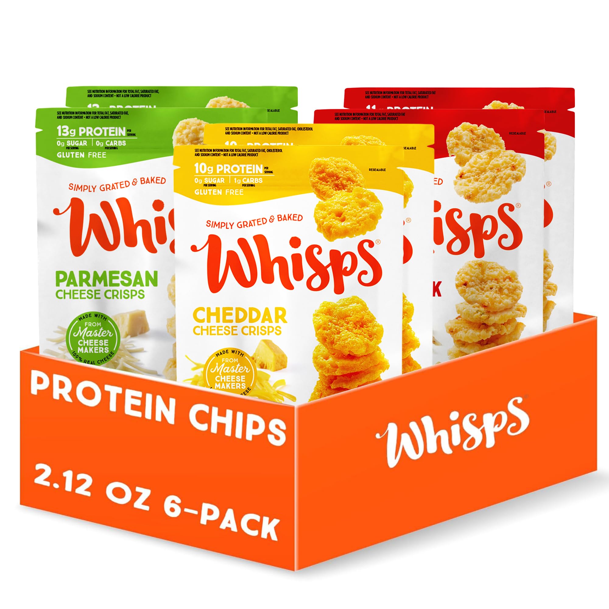 Whisps presentación frontal mostrando paquete y variedad de sabores, conveniencia lista para llevar