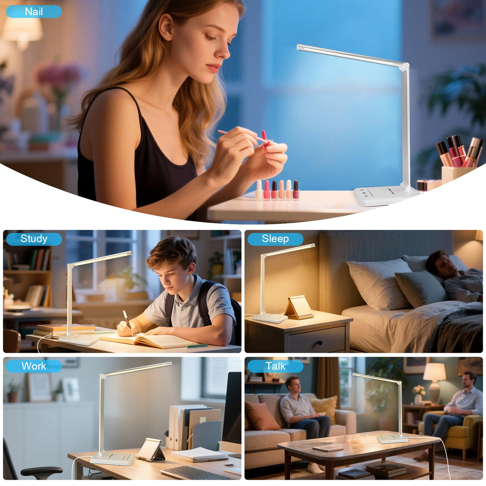 White crown lámpara colocada en escritorio de estudio iluminando cuadernos y portátil