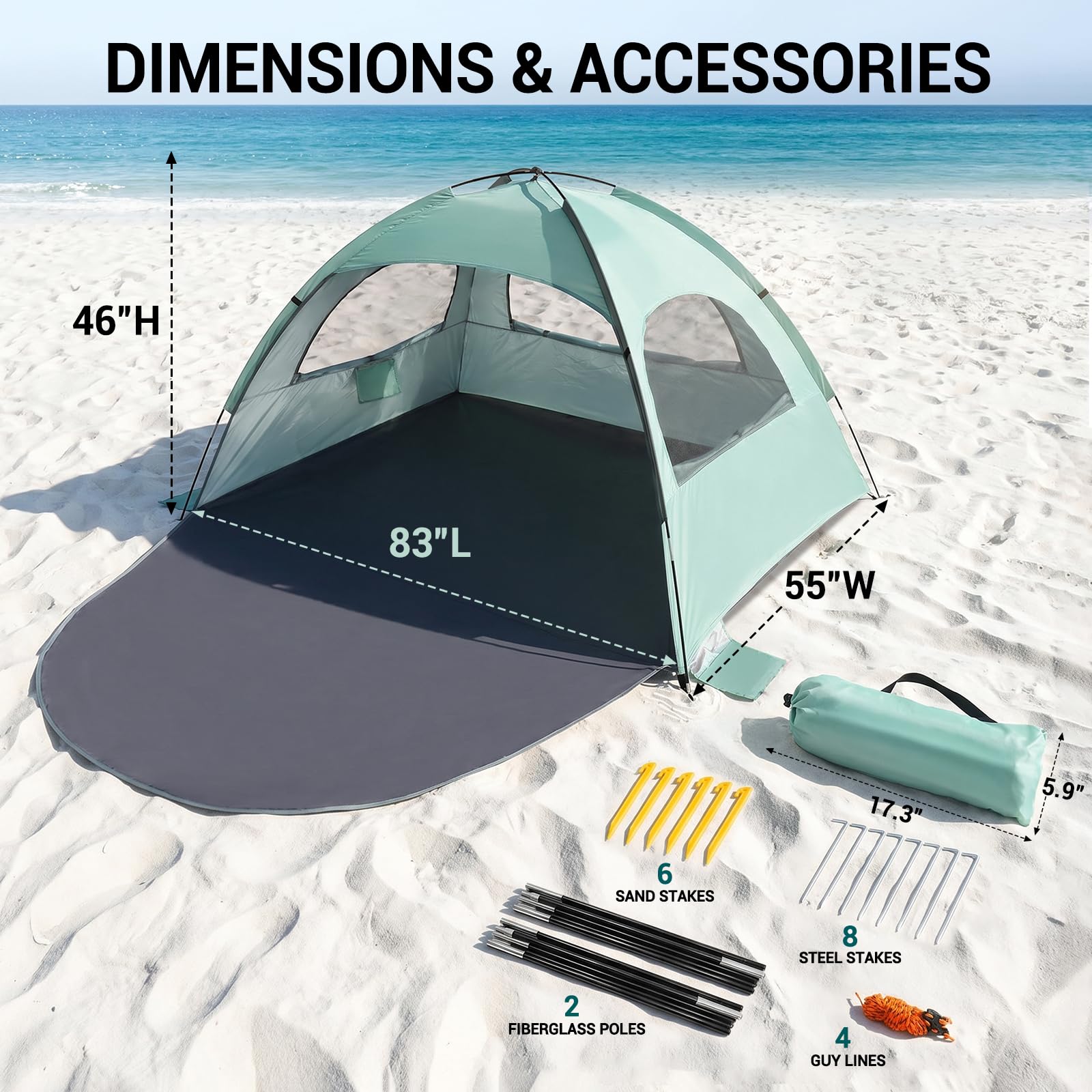 WhiteFang tienda en playa con familia disfrutando sombra segura