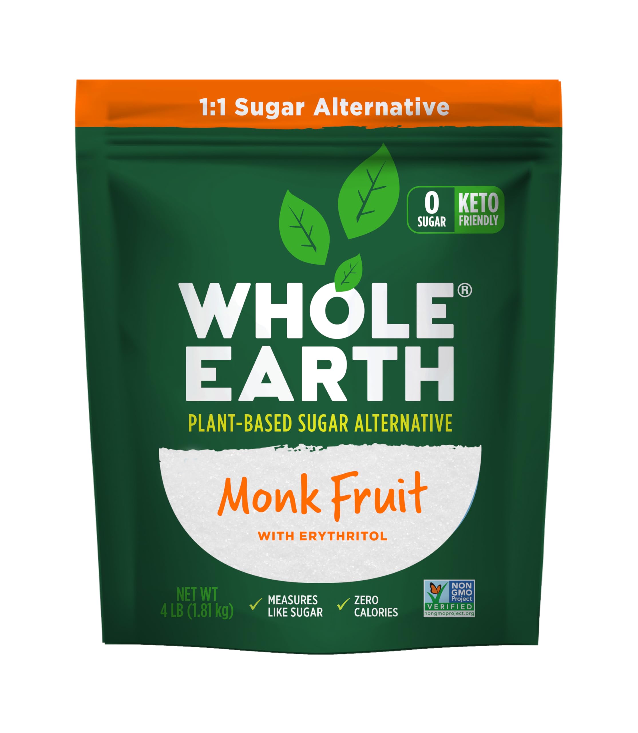 Whole Earth frente del empaque mostrando marca y tamaño 4 lb, conveniencia