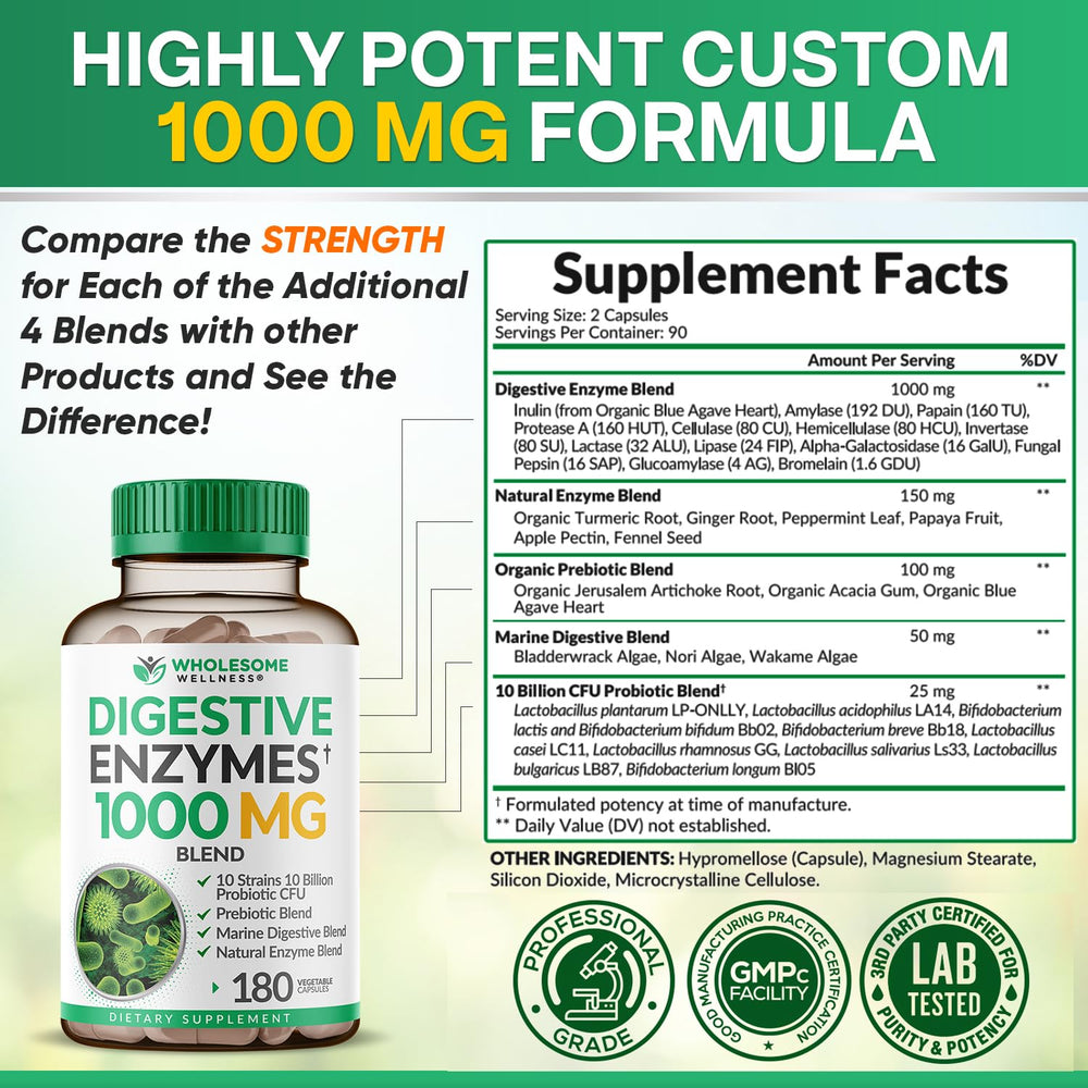 Wholesome Wellness etiqueta de ingredientes indicando mezcla de enzimas y probióticos
