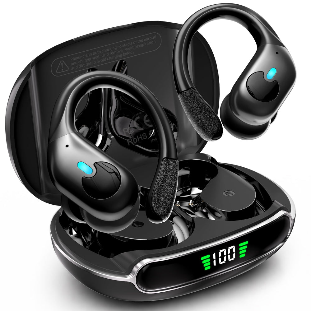 WHYKJTEK BX30 front view showing earbuds and case, highlighting sleek design and portability