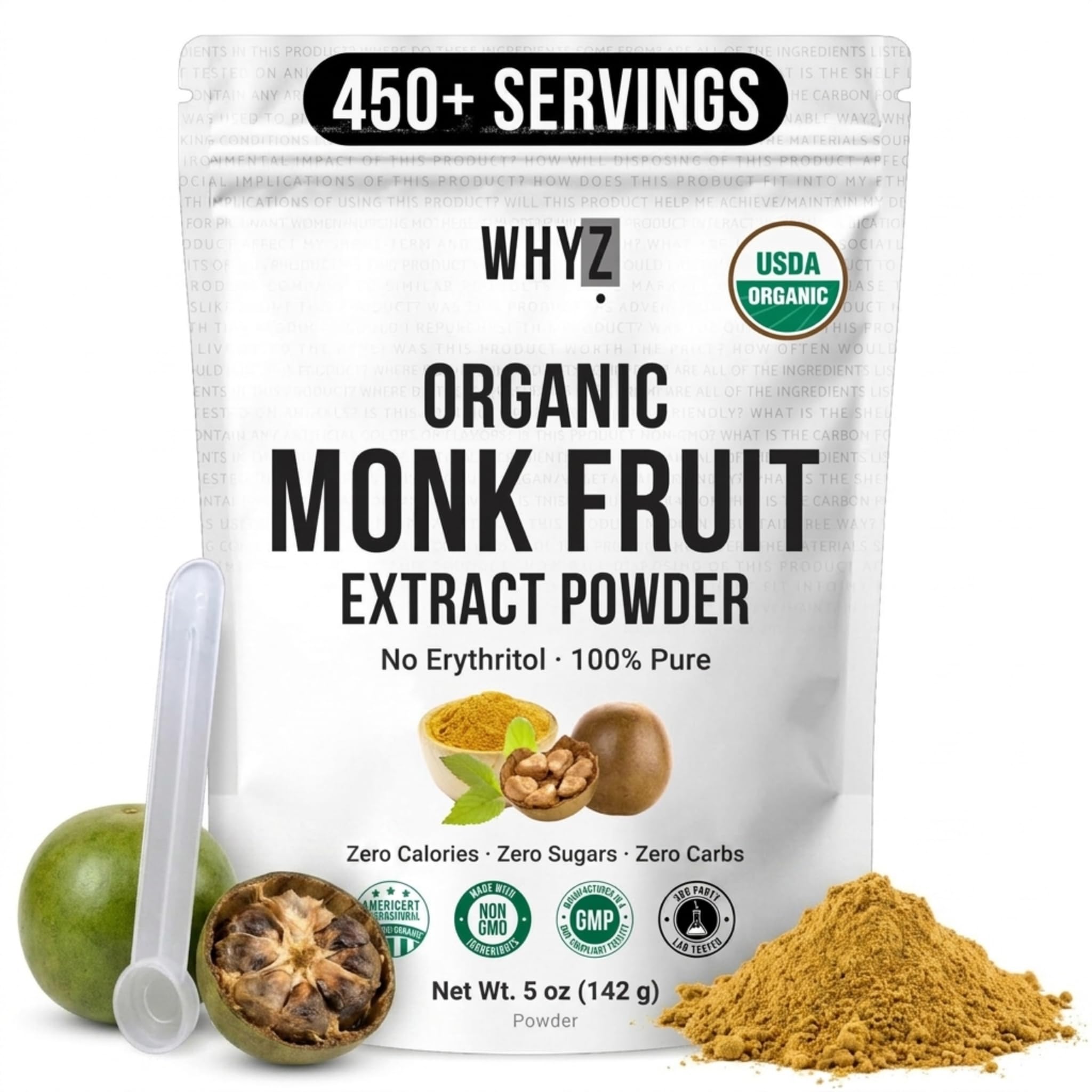 WHYZ empaque frontal del extracto monk fruit mostrando porciones y tamaño