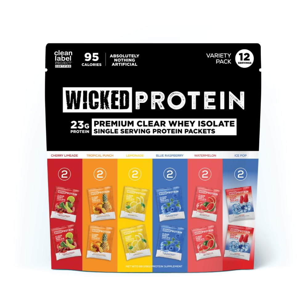 WICKED Protein paquete frontal mostrando sabores y cantidad, visión clara del producto
