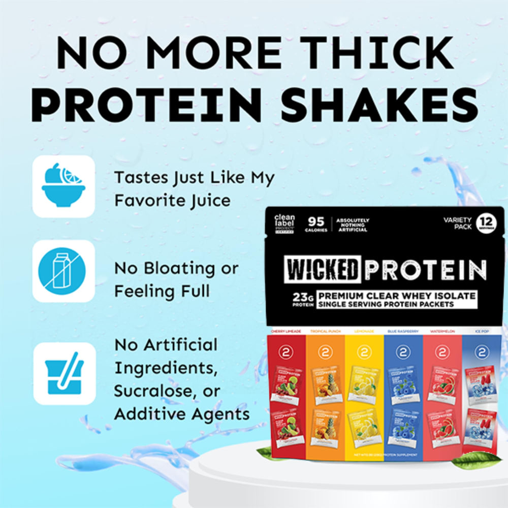 WICKED Protein vaso preparado con bebida clara, hidratación proteica refrescante