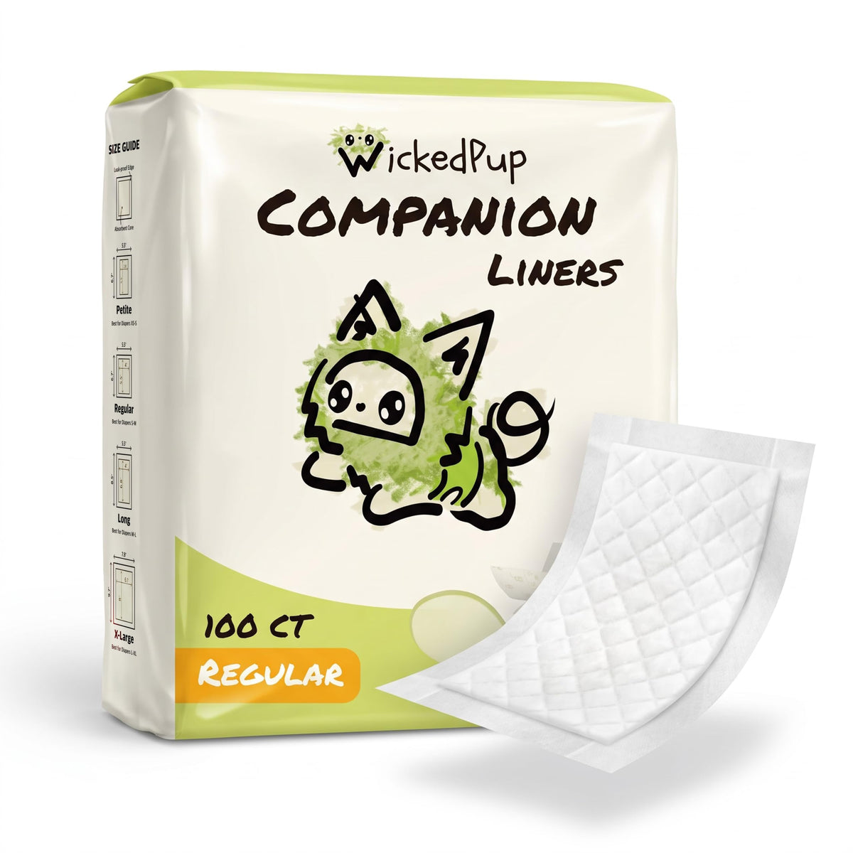 WICKEDPUP front packaging showing 100-count liner pack and convenience benefit