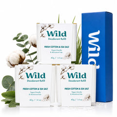 Wild empaque frontal Fresh Cotton & Sea Salt mostrando beneficio sostenible
