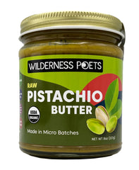 Wilderness Poets tarro de vidrio frontal mostrando crema de pistacho y etiqueta