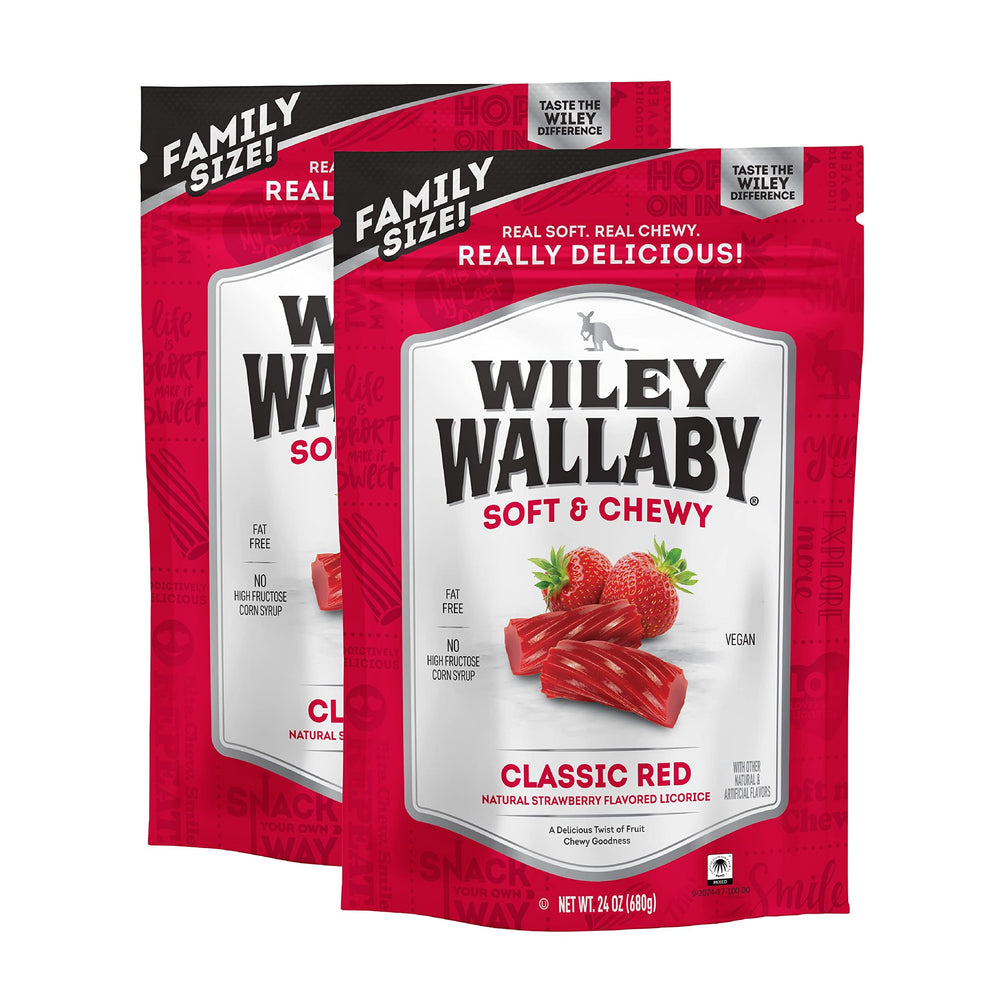 WILEY WALLABY front packaging showing vibrant strawberry flavor and resealable bag benefit