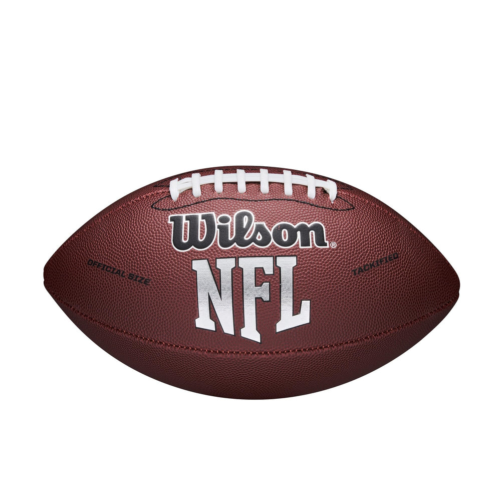 WILSON balón Peewee frontal mostrando diseño NFL y agarre cómodo
