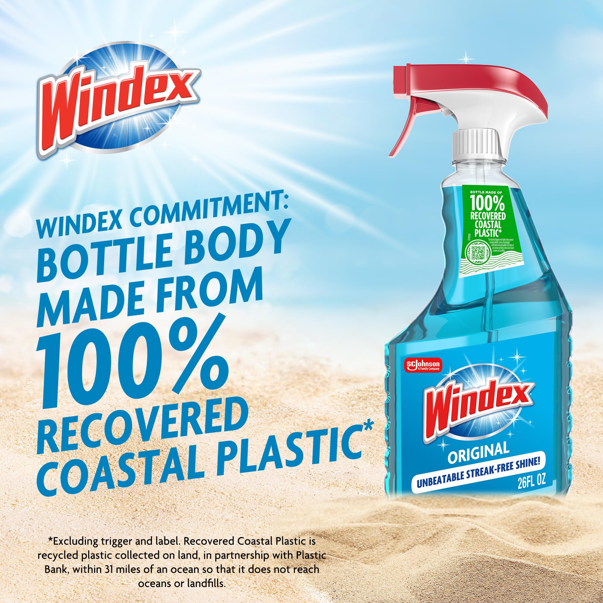 Windex botella hecha con plástico recuperado costero mostrando compromiso sostenible