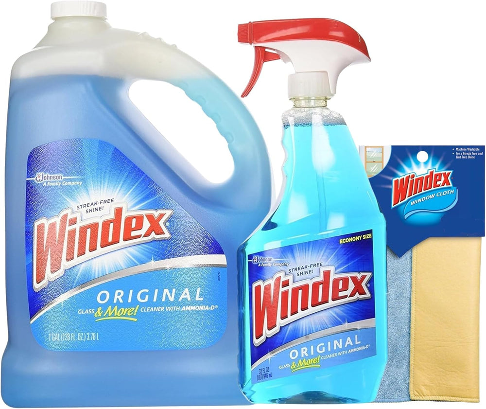Windex envase frontal 32 oz y recarga 128 oz mostrando ahorro y limpieza sin rayas