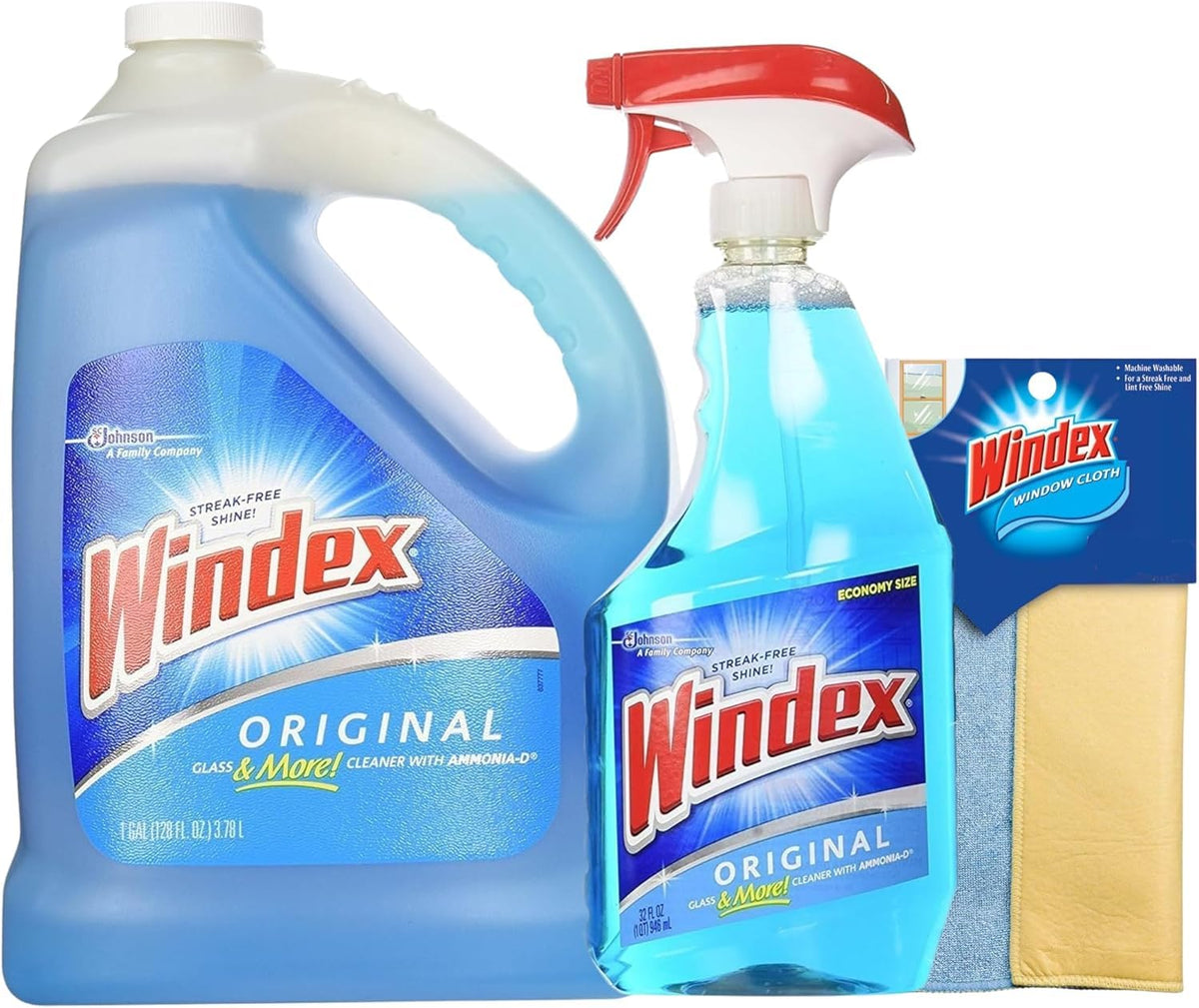 Windex envase frontal 32 oz y recarga 128 oz mostrando ahorro y limpieza sin rayas