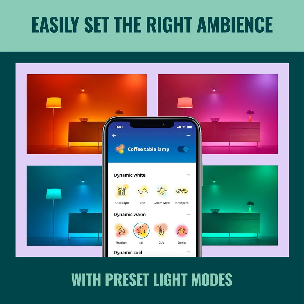 WiZ Connected bulbs showing vivid color lighting in a living room, creating mood and color flexibility