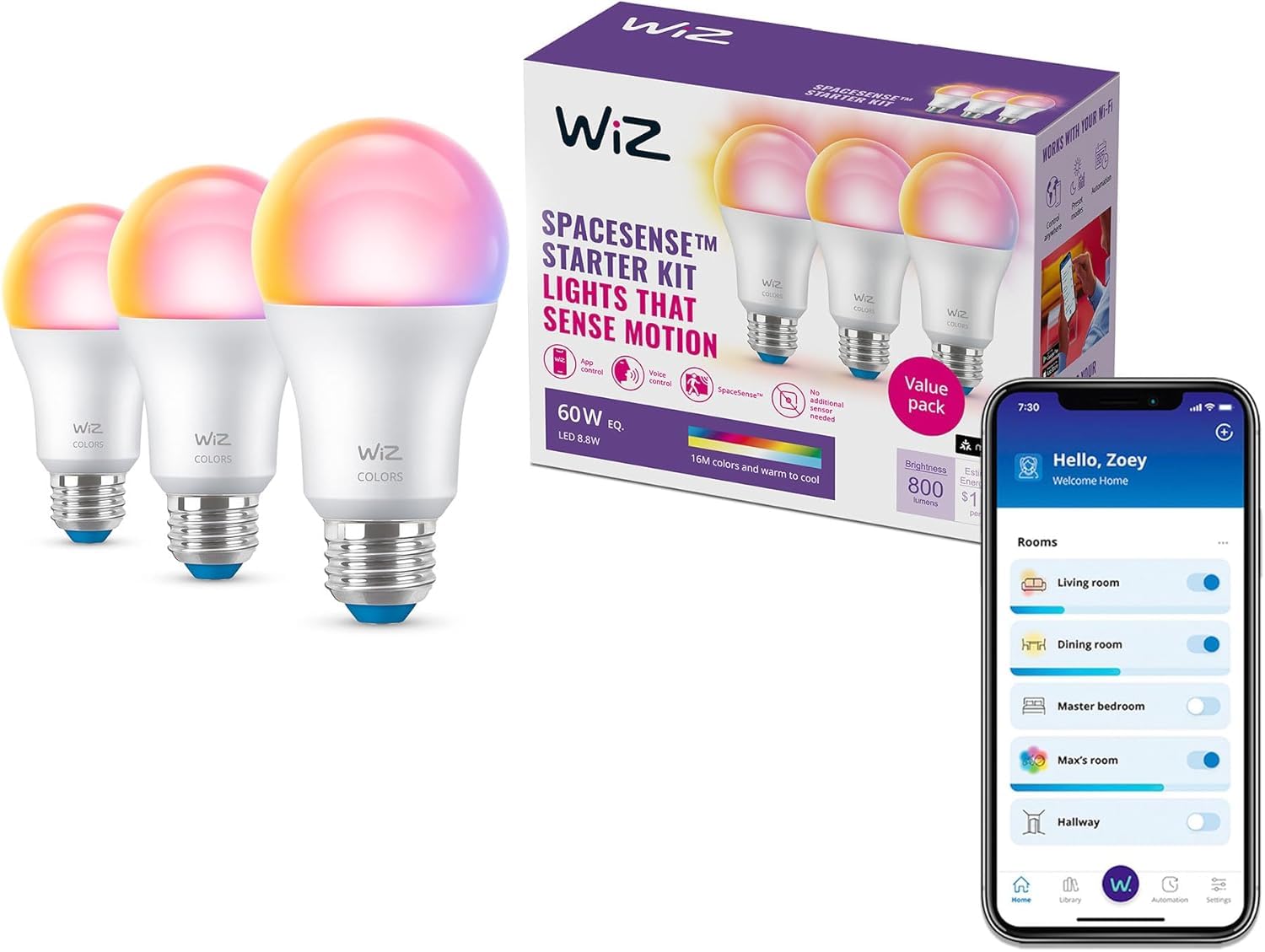 WiZ Connected front packaging showing three A19 bulbs and features, clear product view and convenience